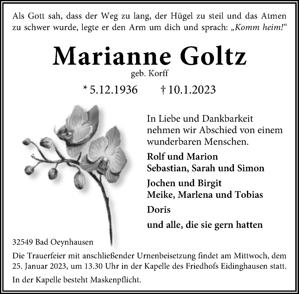  Traueranzeige für Marianne Goltz vom 21.01.2023 aus Neue Westfälische