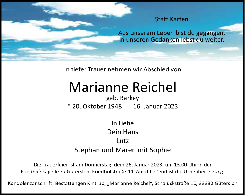  Traueranzeige für Marianne Reichel vom 21.01.2023 aus Neue Westfälische