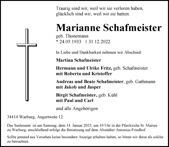 Traueranzeige von Marianne Schafmeister von Neue Westfälische