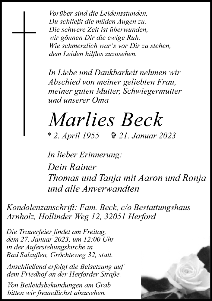  Traueranzeige für Marlies Beck vom 25.01.2023 aus Neue Westfälische