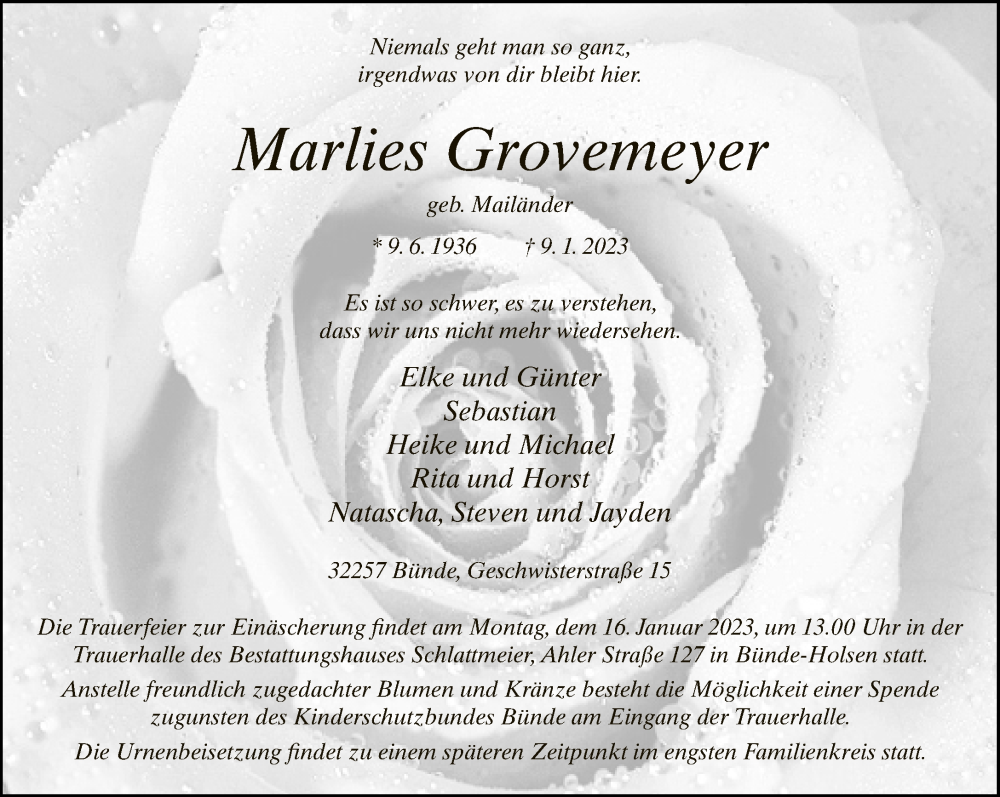  Traueranzeige für Marlies Grovemeyer vom 11.01.2023 aus Neue Westfälische