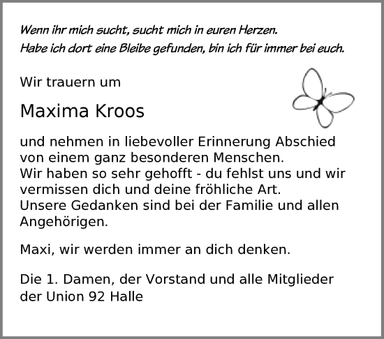 Traueranzeige von Maxima Kroos von Neue Westfälische