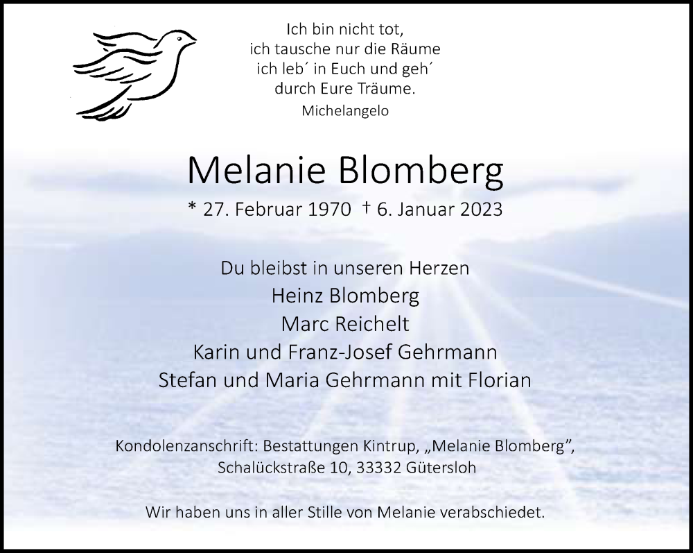  Traueranzeige für Melanie Blomberg vom 20.01.2023 aus Neue Westfälische