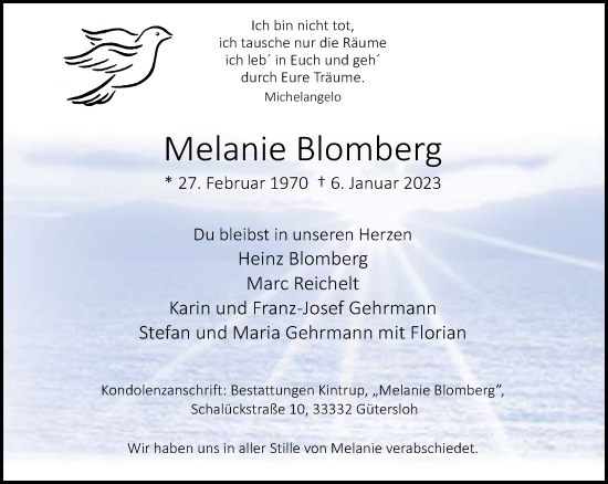 Traueranzeige von Melanie Blomberg von Neue Westfälische
