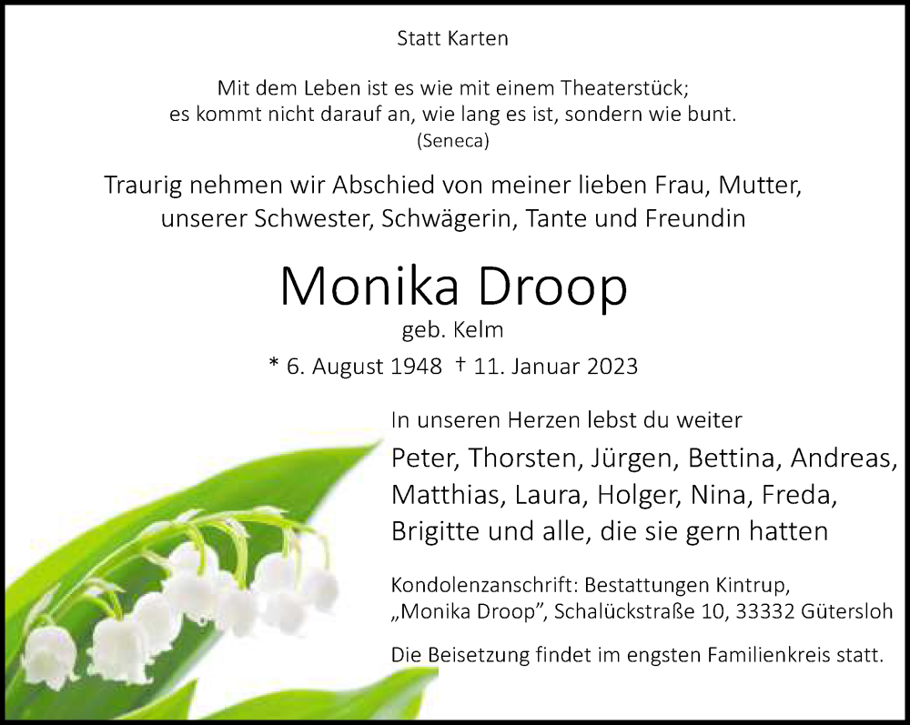  Traueranzeige für Monika Droop vom 14.01.2023 aus Neue Westfälische