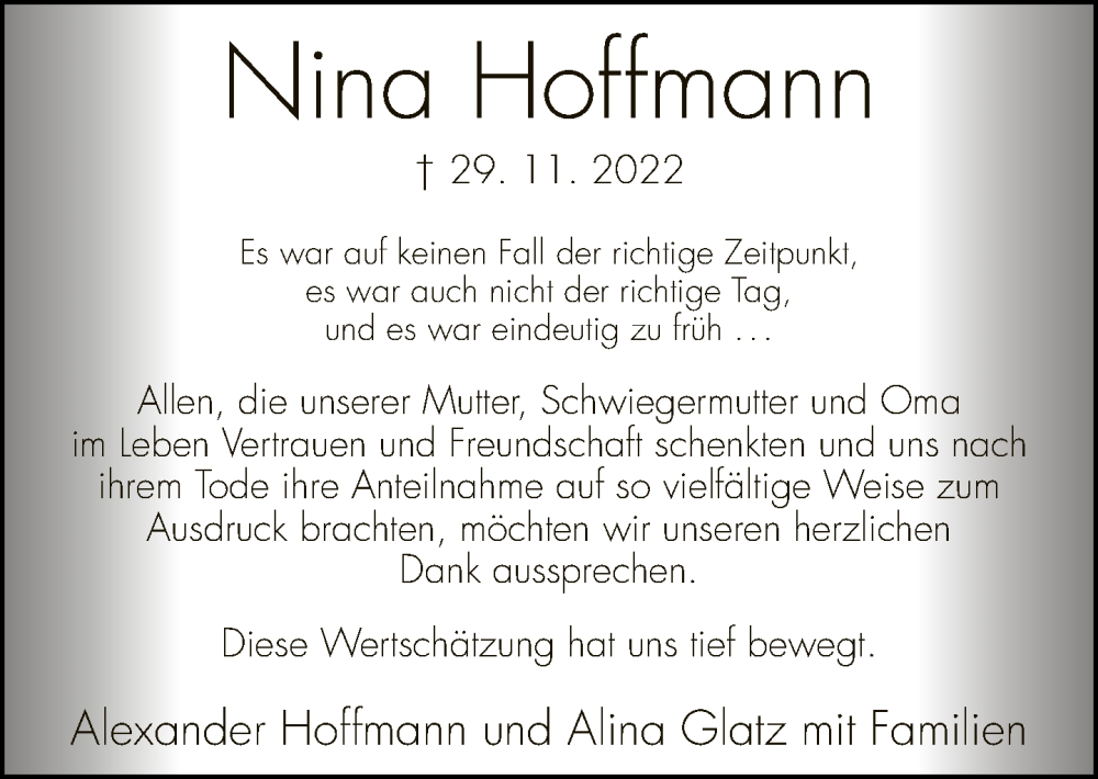  Traueranzeige für Nina Hoffmann vom 14.01.2023 aus Neue Westfälische