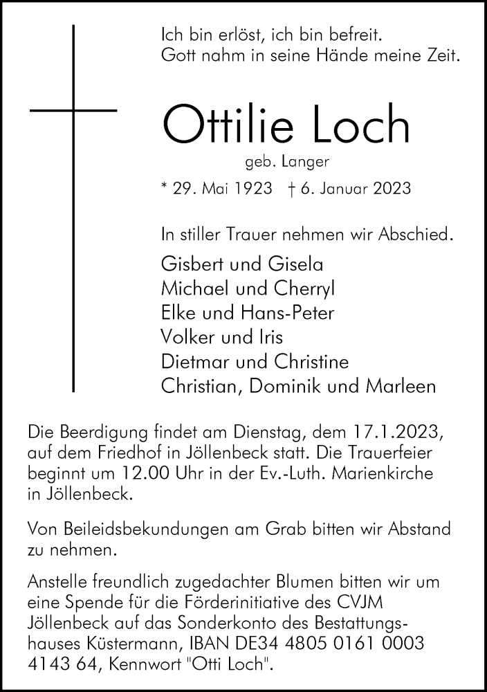  Traueranzeige für Ottilie Loch vom 11.01.2023 aus Neue Westfälische