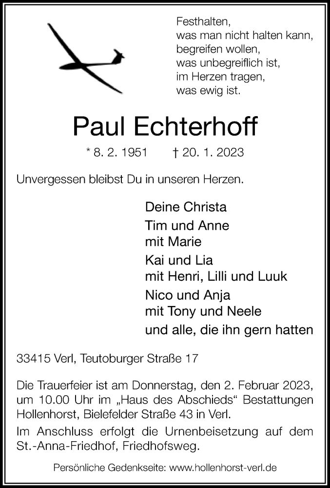  Traueranzeige für Paul Echterhoff vom 26.01.2023 aus Neue Westfälische