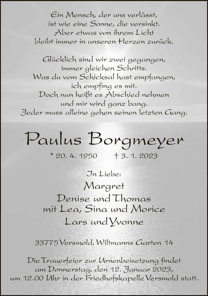  Traueranzeige für Paulus Borgmeyer vom 09.01.2023 aus Neue Westfälische