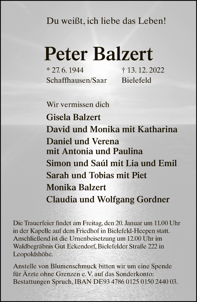  Traueranzeige für Peter Balzert vom 14.01.2023 aus Neue Westfälische