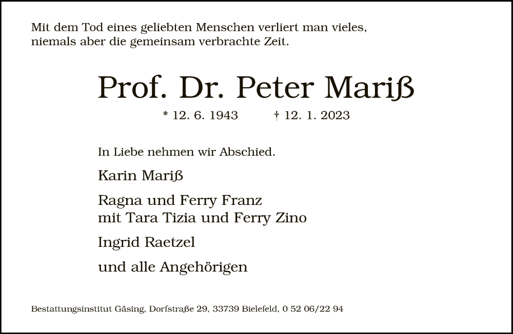  Traueranzeige für Peter Mariß vom 21.01.2023 aus Neue Westfälische