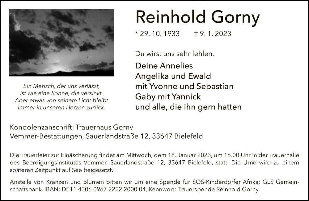  Traueranzeige für Reinhold Gorny vom 14.01.2023 aus Neue Westfälische