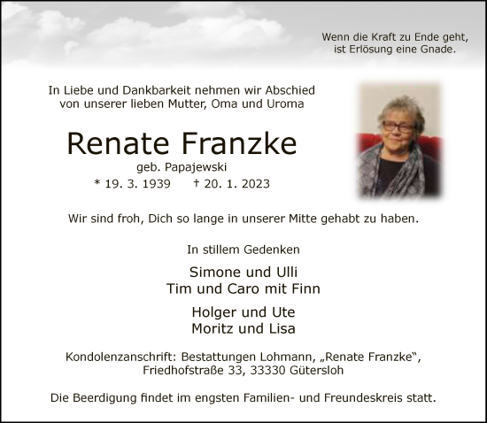 Traueranzeige von Renate Franzke von Neue Westfälische