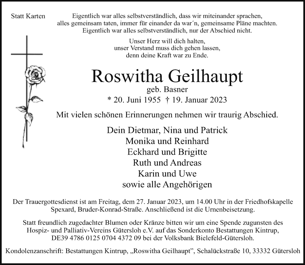  Traueranzeige für Roswitha Geilhaupt vom 24.01.2023 aus Neue Westfälische