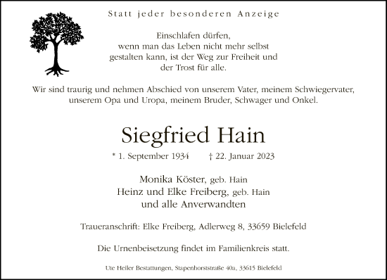 Traueranzeige von Siegfried Hain von Neue Westfälische