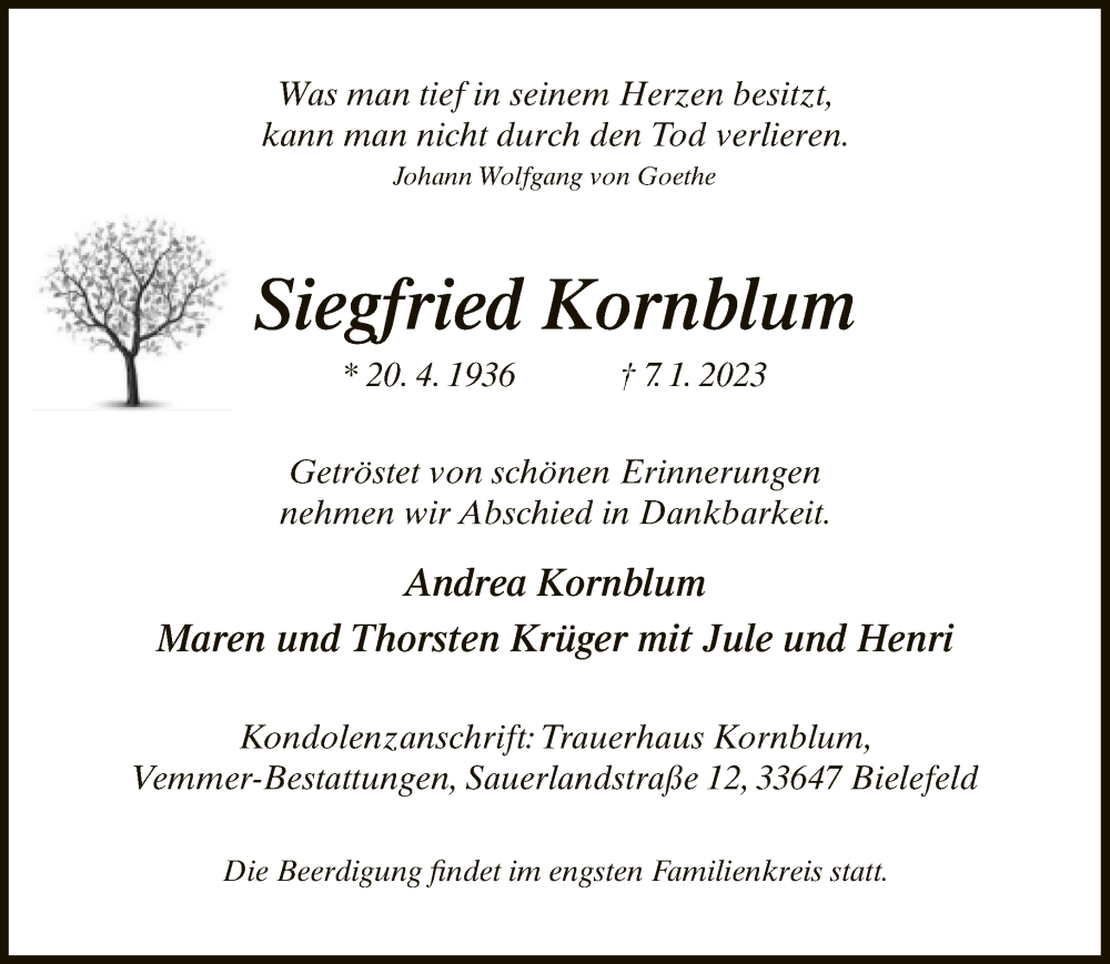  Traueranzeige für Siegfried Kornblum vom 14.01.2023 aus Neue Westfälische