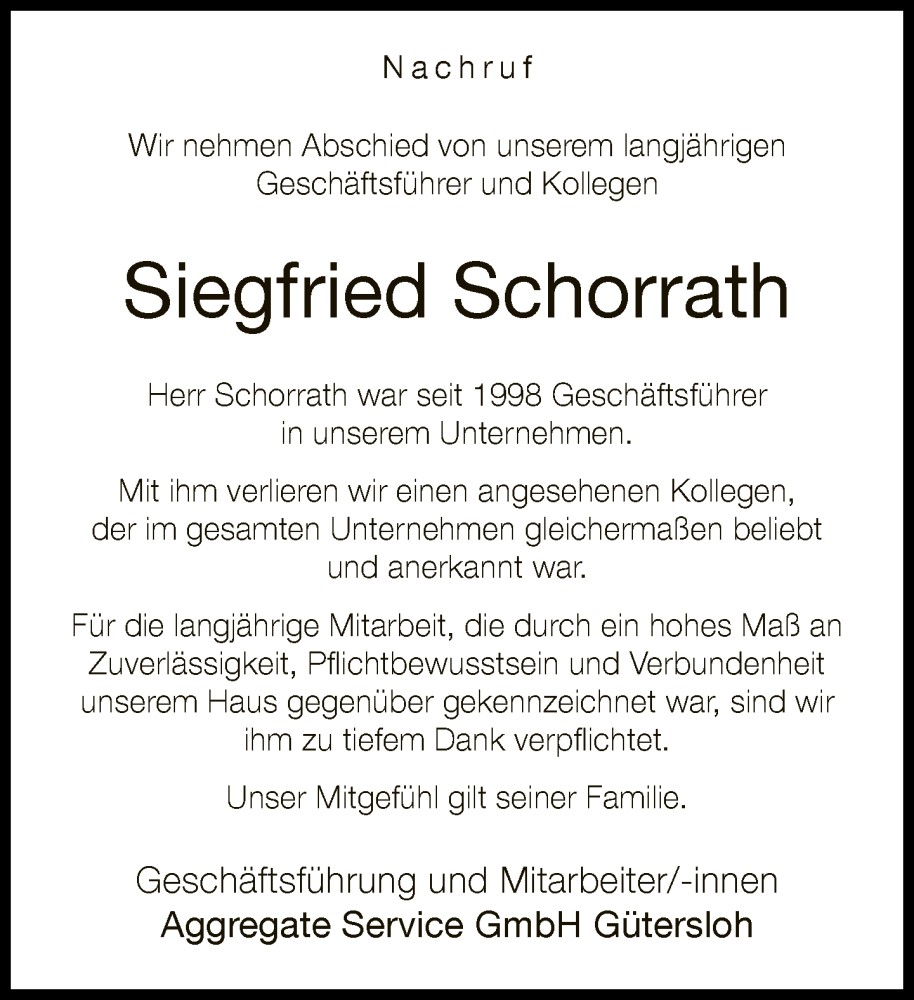  Traueranzeige für Siegfried Schorrath vom 26.01.2023 aus Neue Westfälische