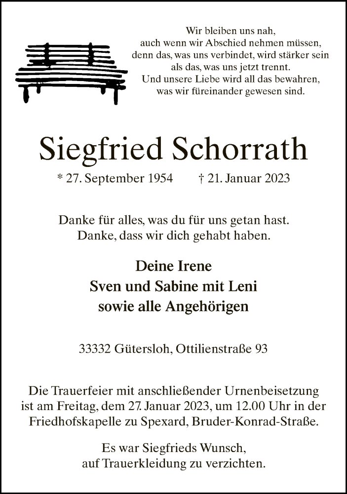  Traueranzeige für Siegfried Schorrath vom 24.01.2023 aus Neue Westfälische