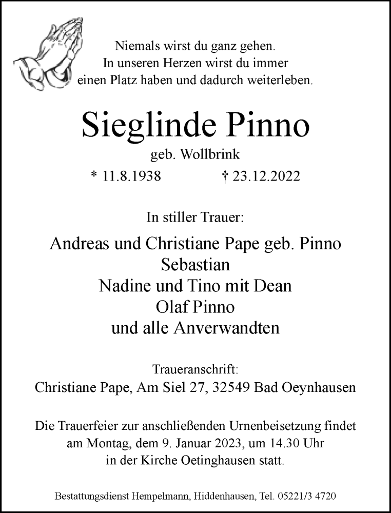  Traueranzeige für Sieglinde Pinno vom 04.01.2023 aus Neue Westfälische