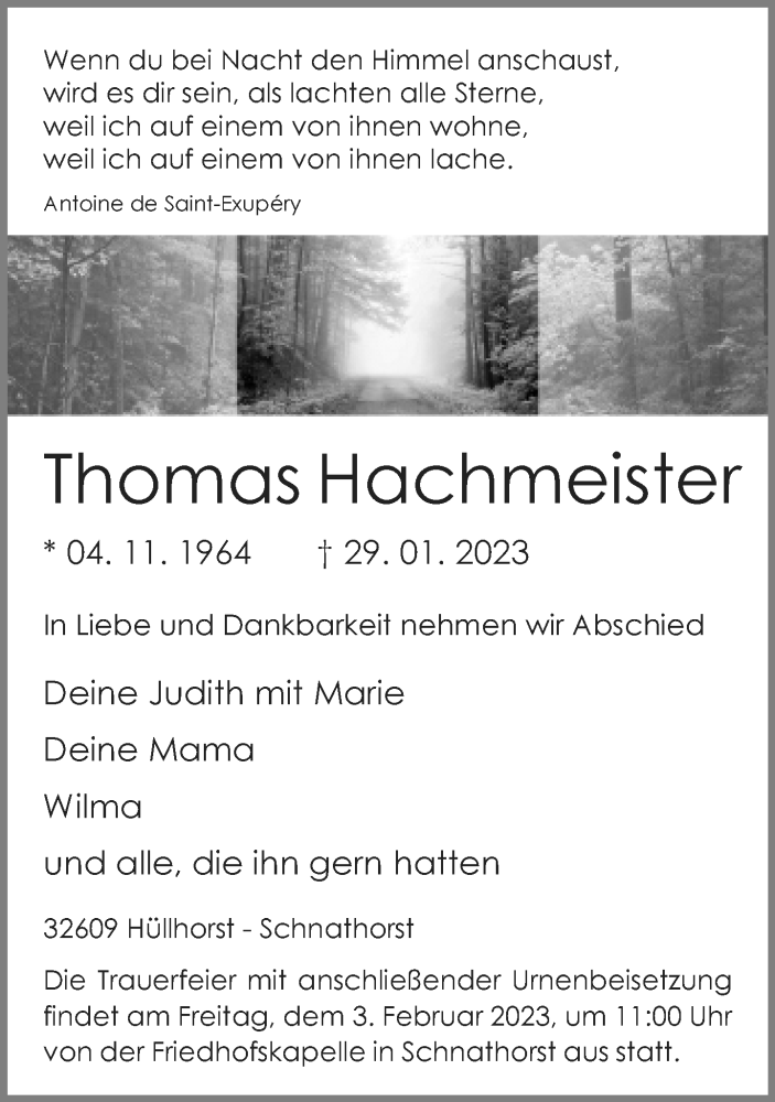  Traueranzeige für Thomas Hachmeister vom 31.01.2023 aus Neue Westfälische