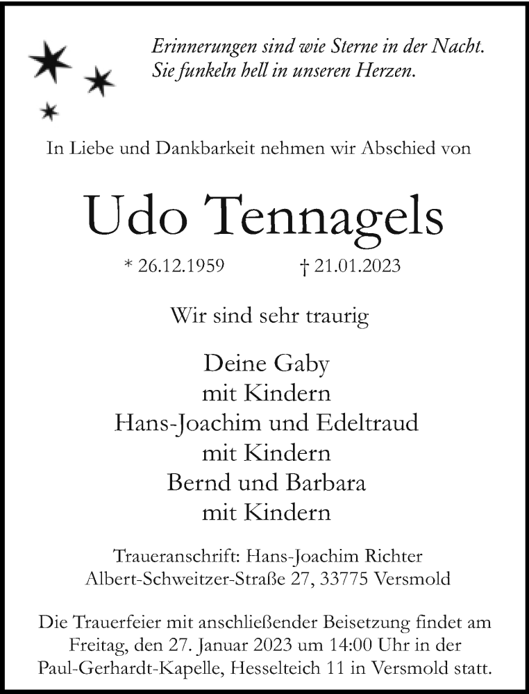  Traueranzeige für Udo Tennagels vom 24.01.2023 aus Neue Westfälische