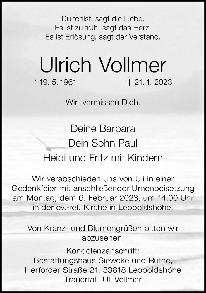  Traueranzeige für Ulrich Vollmer vom 28.01.2023 aus Neue Westfälische