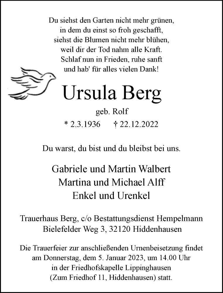  Traueranzeige für Ursula Berg vom 03.01.2023 aus Neue Westfälische