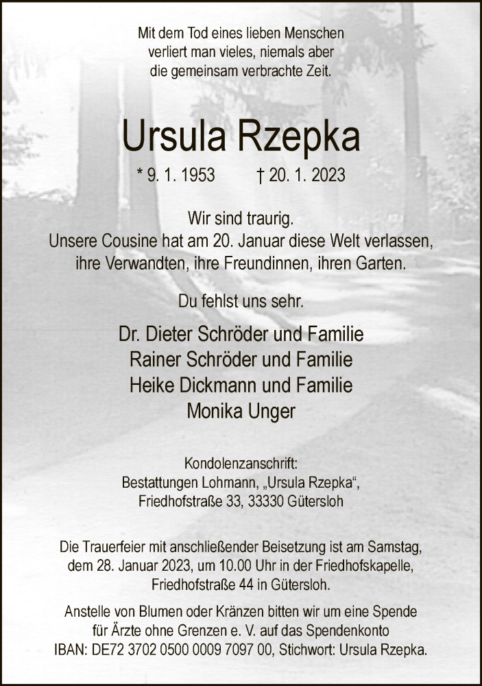  Traueranzeige für Ursula Rzepka vom 24.01.2023 aus Neue Westfälische
