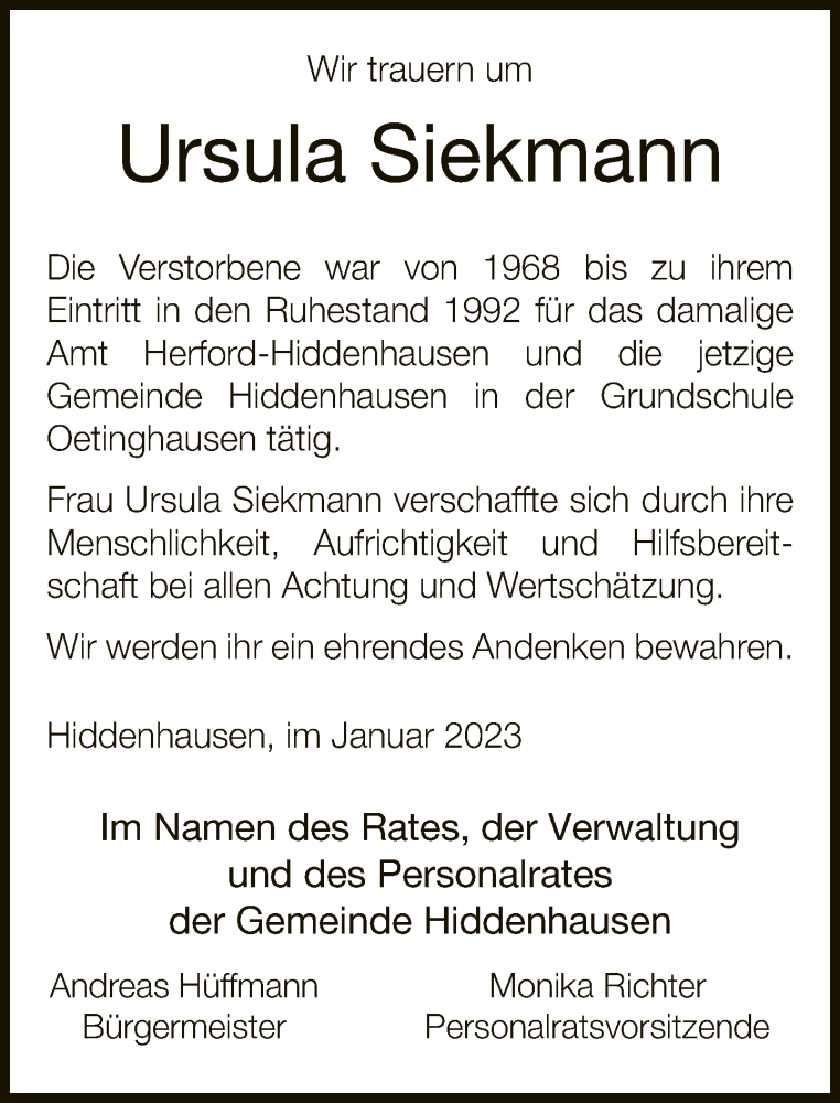  Traueranzeige für Ursula Siekmann vom 13.01.2023 aus Neue Westfälische