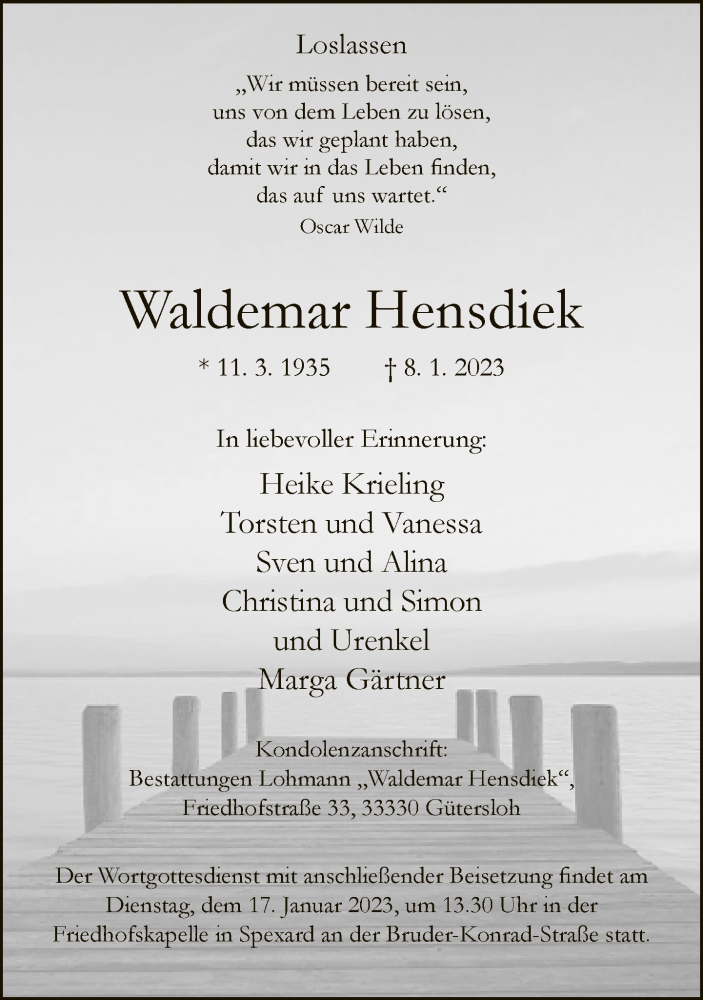  Traueranzeige für Waldemar Hensdiek vom 12.01.2023 aus Neue Westfälische
