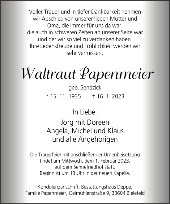 Traueranzeige von Waltraut Papenmeier von Neue Westfälische
