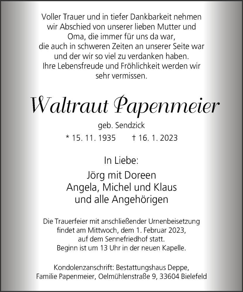  Traueranzeige für Waltraut Papenmeier vom 21.01.2023 aus Neue Westfälische