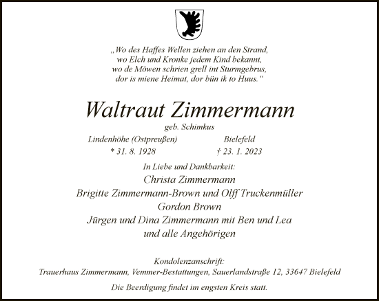 Traueranzeige von Waltraut Zimmermann von Neue Westfälische