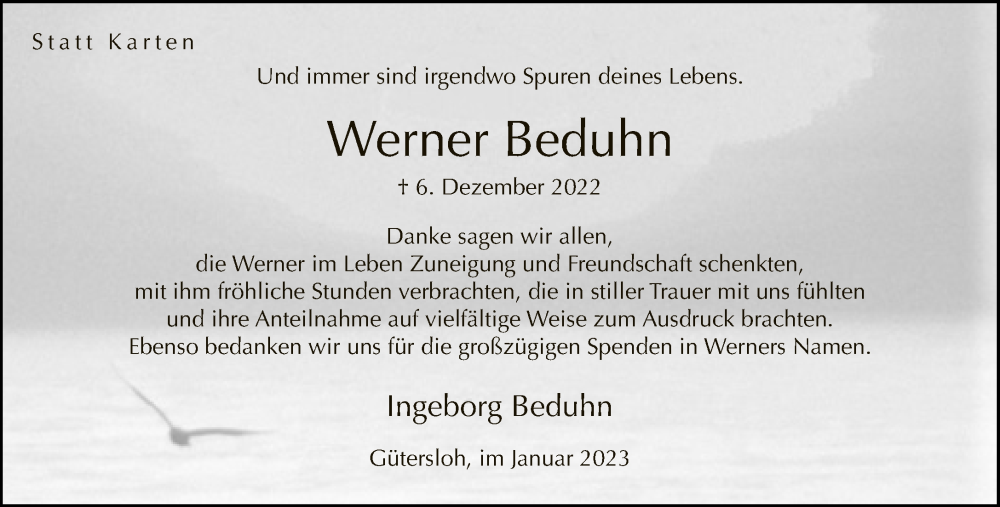  Traueranzeige für Werner Beduhn vom 28.01.2023 aus Neue Westfälische