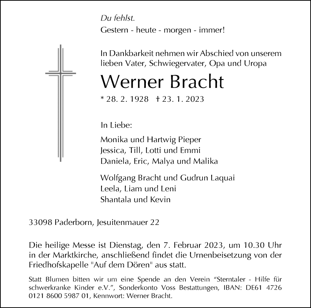  Traueranzeige für Werner Bracht vom 28.01.2023 aus Neue Westfälische