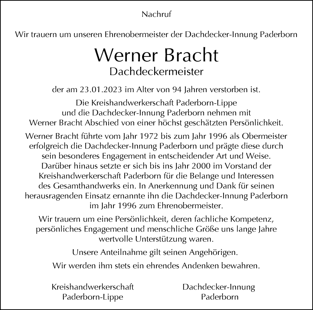  Traueranzeige für Werner Bracht vom 28.01.2023 aus Neue Westfälische