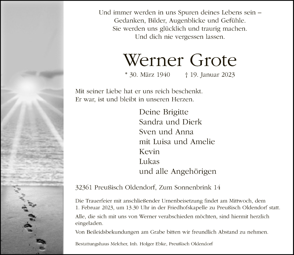  Traueranzeige für Werner Grote vom 21.01.2023 aus Neue Westfälische
