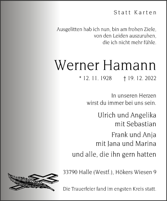 Traueranzeige von Werner Hamann von Neue Westfälische