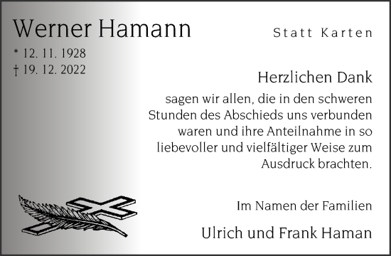 Traueranzeige von Werner Hamann von Neue Westfälische