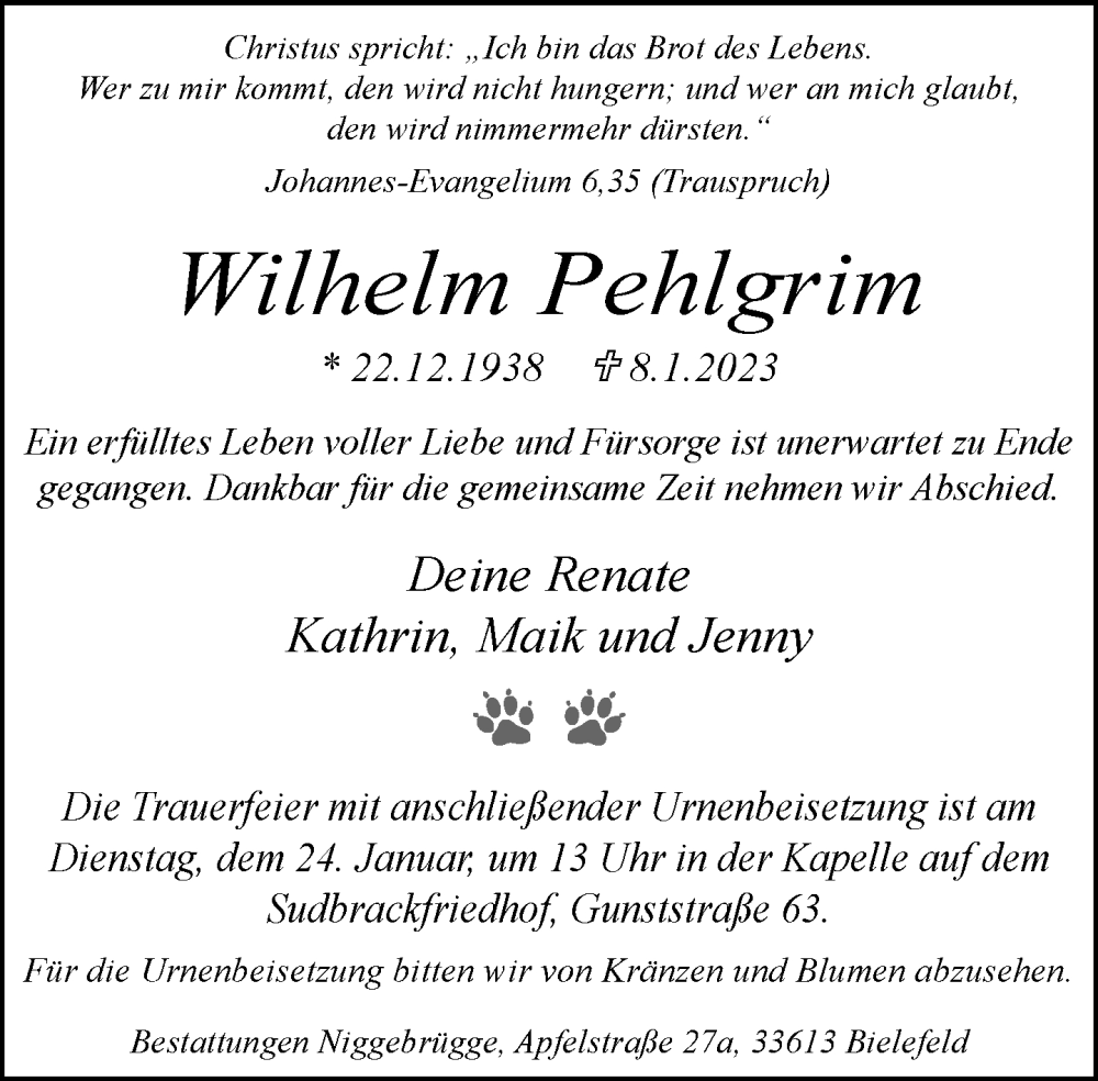  Traueranzeige für Wilhelm Pehlgrim vom 18.01.2023 aus Neue Westfälische