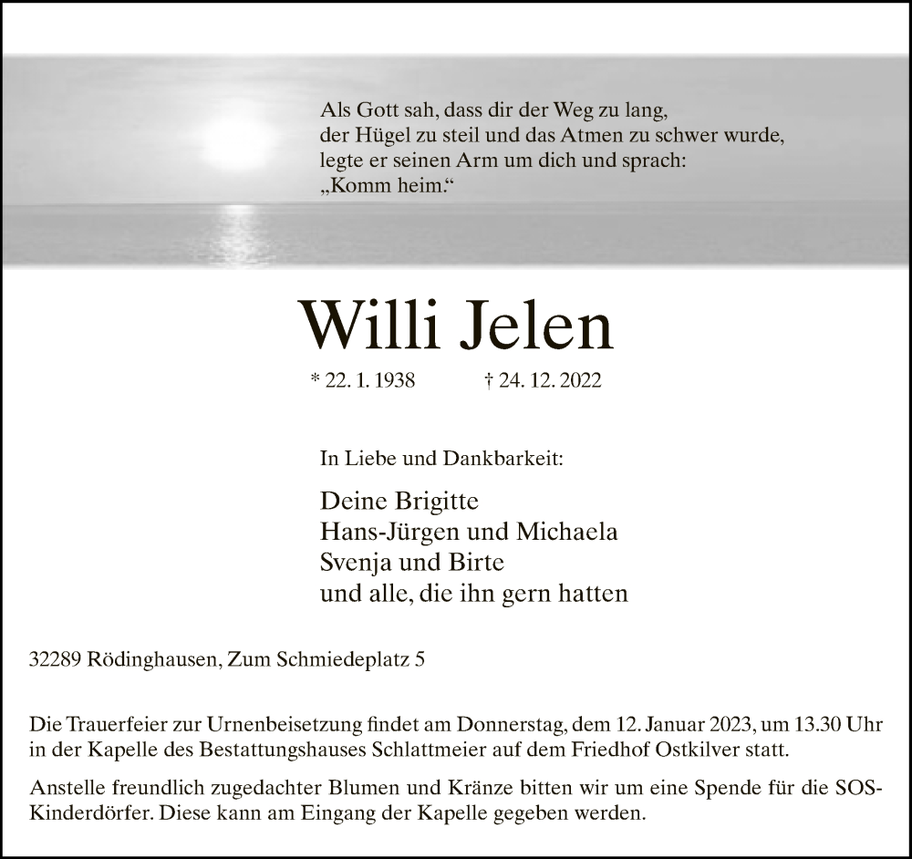  Traueranzeige für Willi Jelen vom 07.01.2023 aus Neue Westfälische