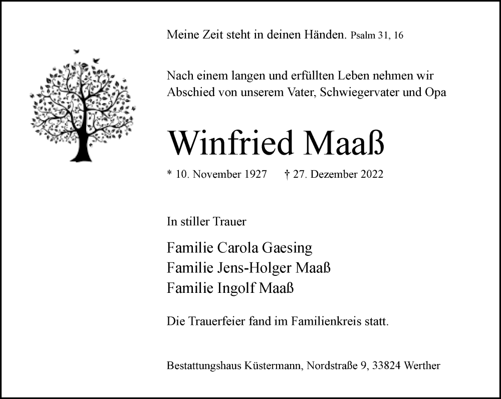 Traueranzeige für Winfried Maaß vom 21.01.2023 aus Neue Westfälische