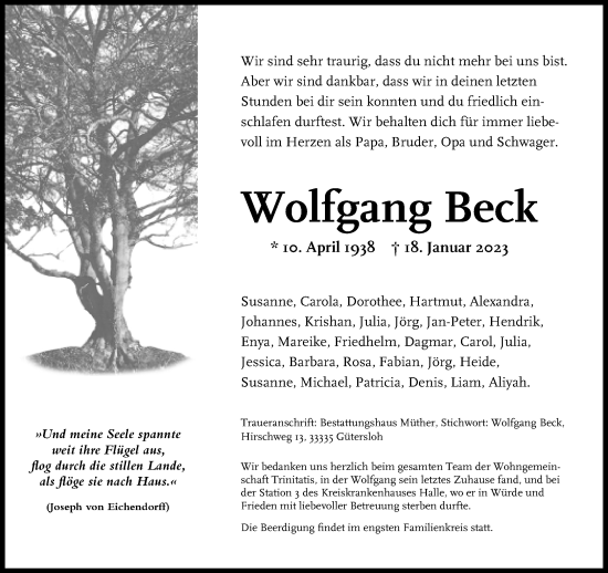 Traueranzeige von Wolfgang Beck von Neue Westfälische