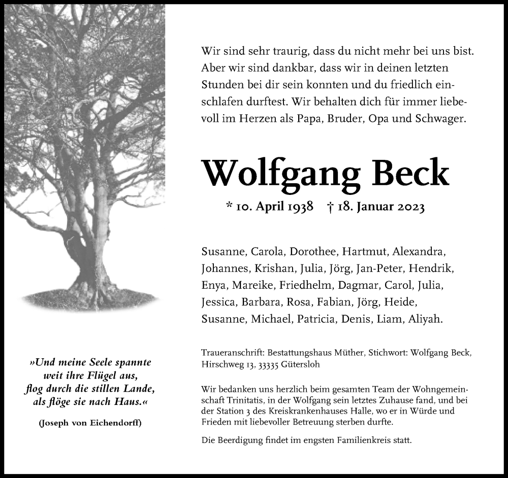  Traueranzeige für Wolfgang Beck vom 28.01.2023 aus Neue Westfälische