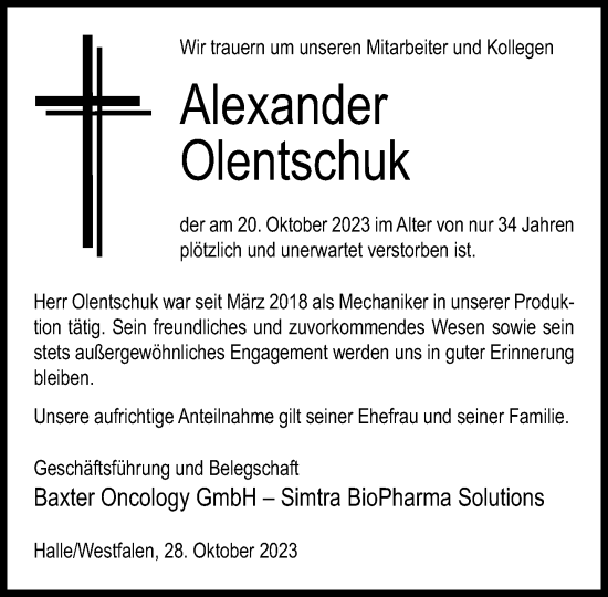 Traueranzeige von Alexander Olentschuk von Neue Westfälische