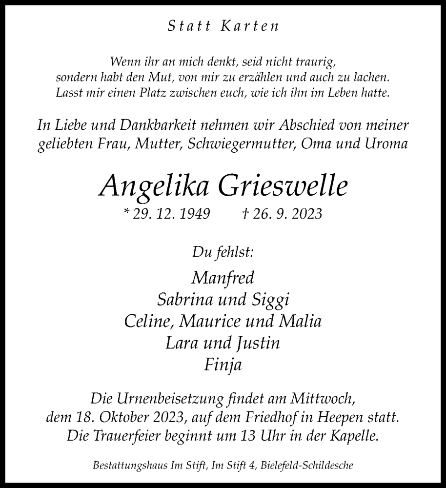  Traueranzeige für Angelika Grieswelle vom 11.10.2023 aus Neue Westfälische