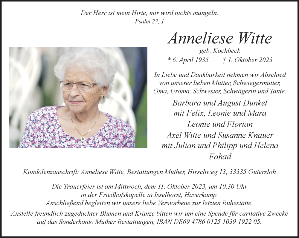  Traueranzeige für Anneliese Witte vom 07.10.2023 aus Neue Westfälische