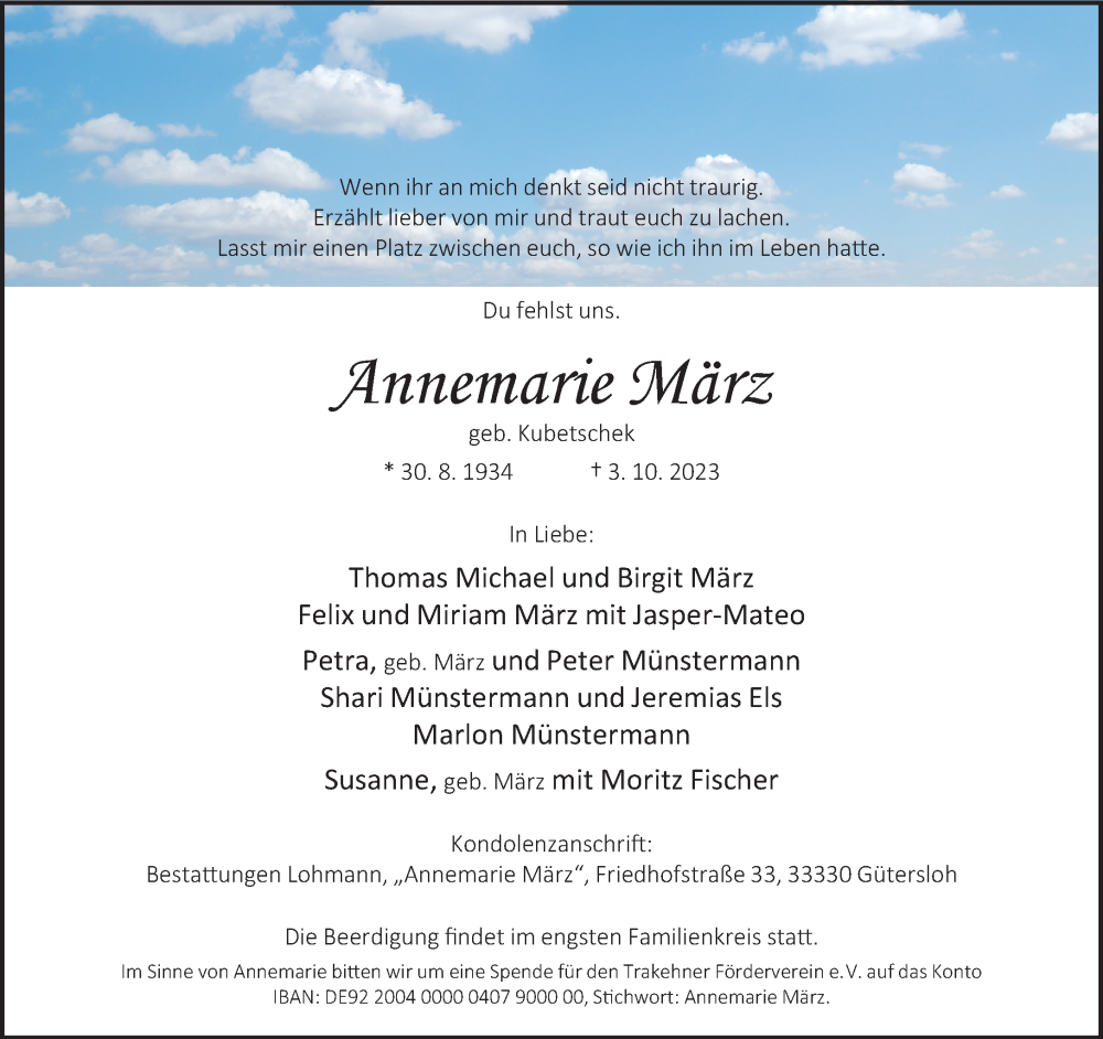  Traueranzeige für Annemarie März vom 07.10.2023 aus Neue Westfälische