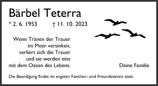 Traueranzeige von Bärbel Teterra von Neue Westfälische