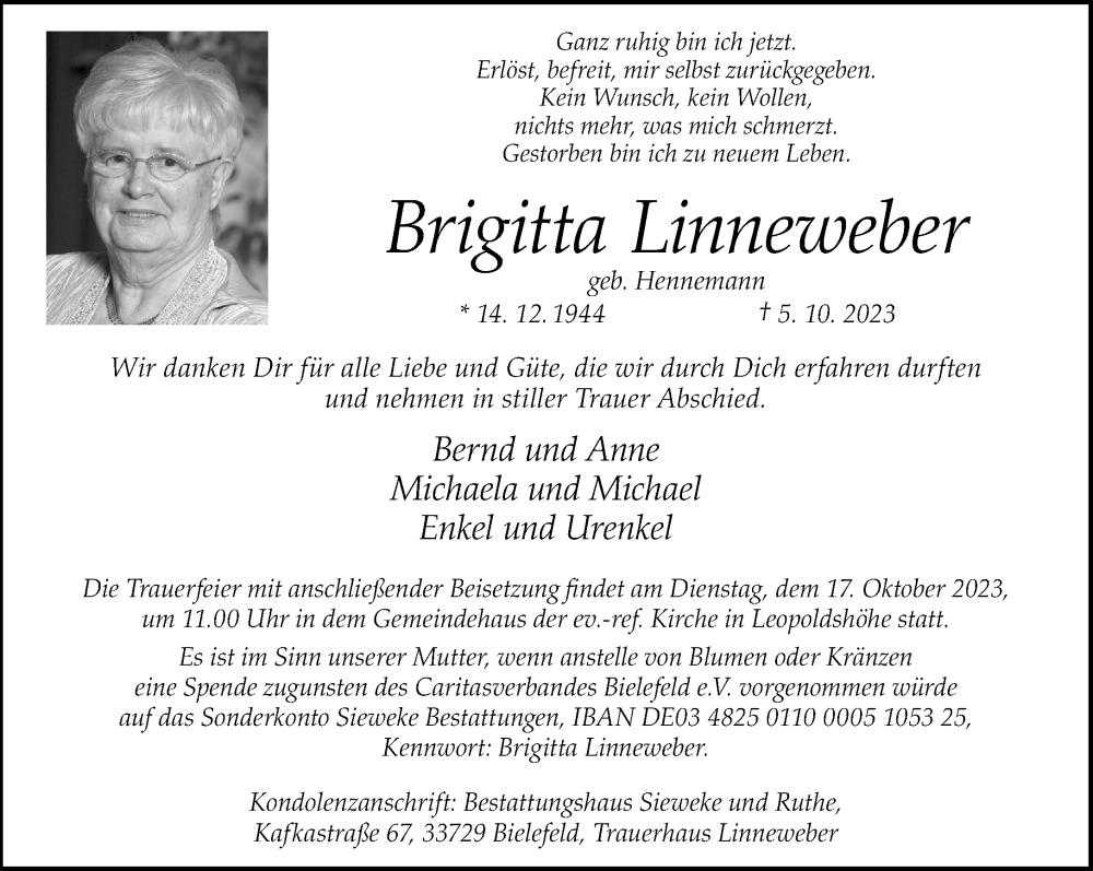  Traueranzeige für Brigitta Linneweber vom 14.10.2023 aus Neue Westfälische